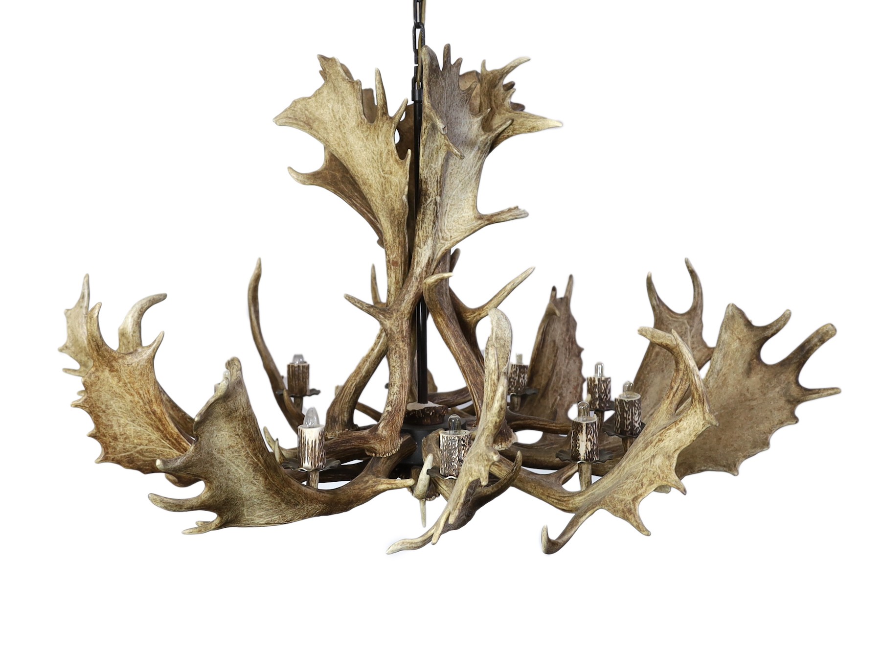 A moose antler ten branch electrolier, 70cm drop, 110cm diameter